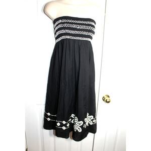 Blissitude Black Embroidered Smocked Bodice Strapless Dress sz S